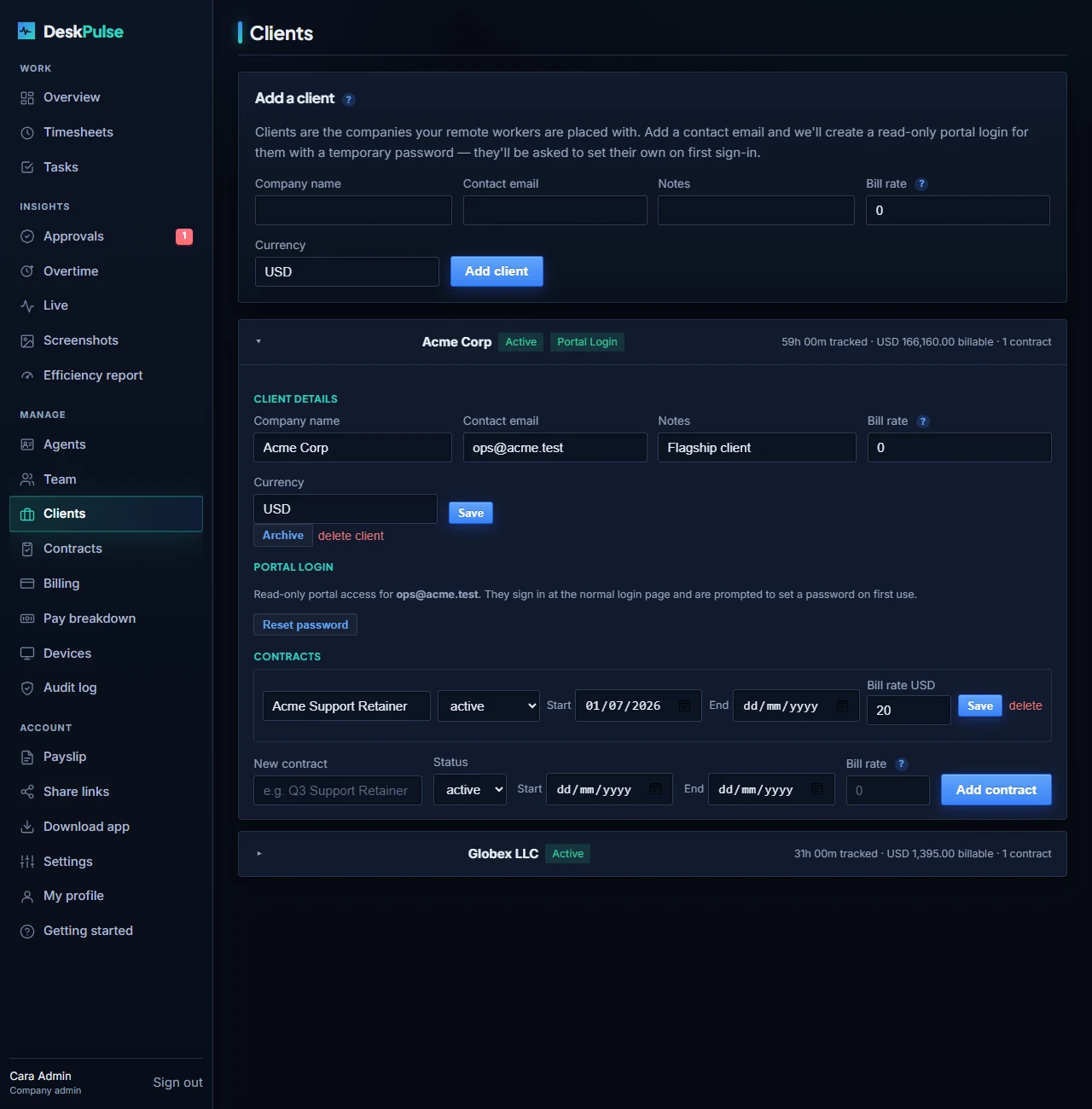 DeskPulse clients and contracts page showing per-client contract rates alongside individual employee bill rates